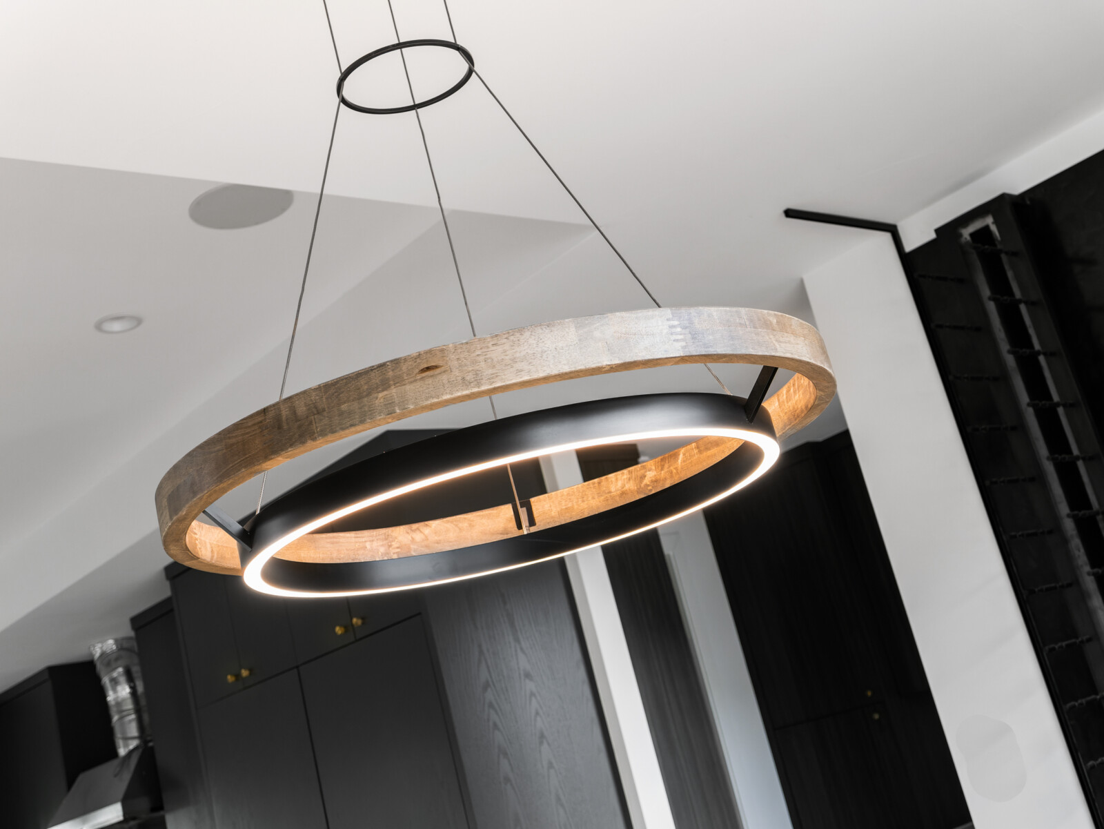 Beautiful custom designed and fabricated wood and metal ceiling overhead light