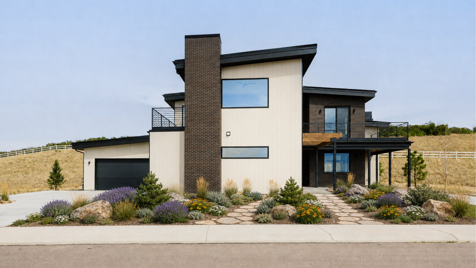 Modern two-story home with brick chimney accent, board-and-batten siding, and water conserving landscaping in Castle Rock, CO