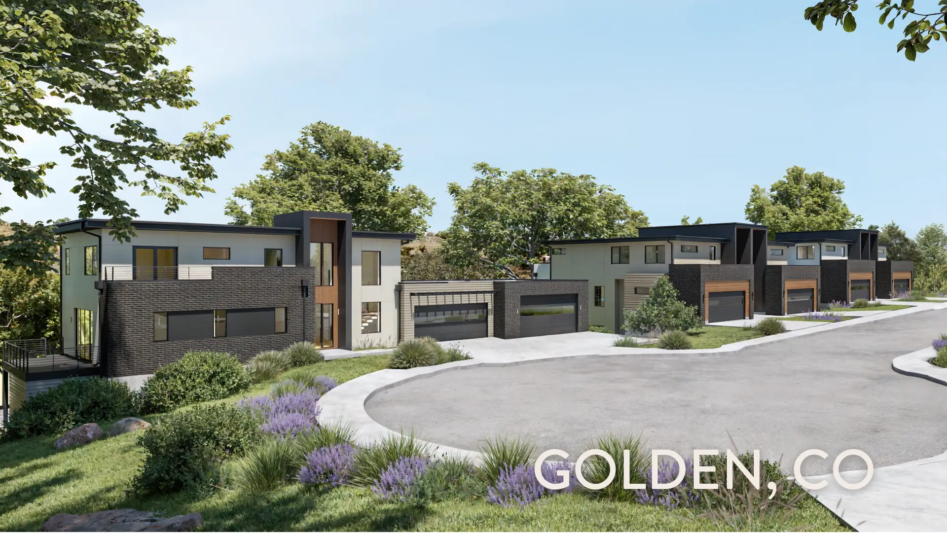 Luxury duplex homes in Golden, Colorado, featuring modern architecture with flat roofs, dark and light facade materials, and lush landscaping, including vibrant purple flowers and mature trees, set along a curving paved road under a clear blue sky.