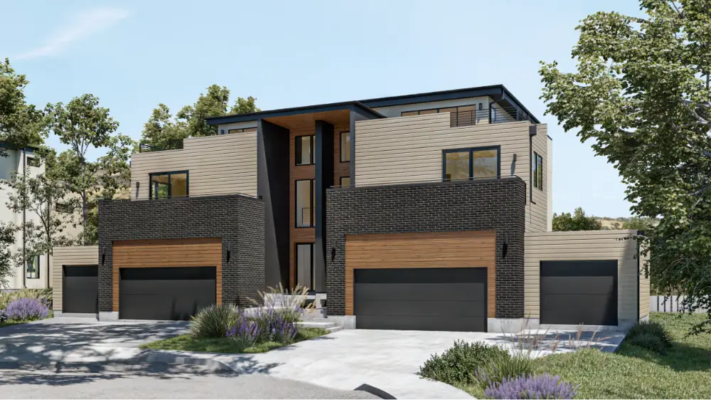 Luxury duplexes in Golden, Colorado, with flat roofs, dark brick bases, light siding, and large windows, set along a gently curving road under a clear blue sky