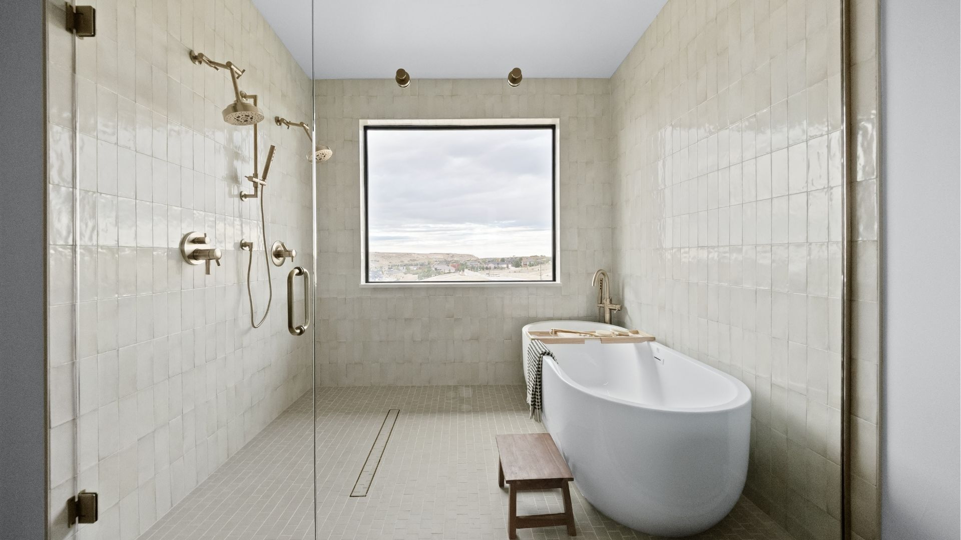 Spa like bathroom with freestanding tub and walk-in shower with views in Castle Rock ranch